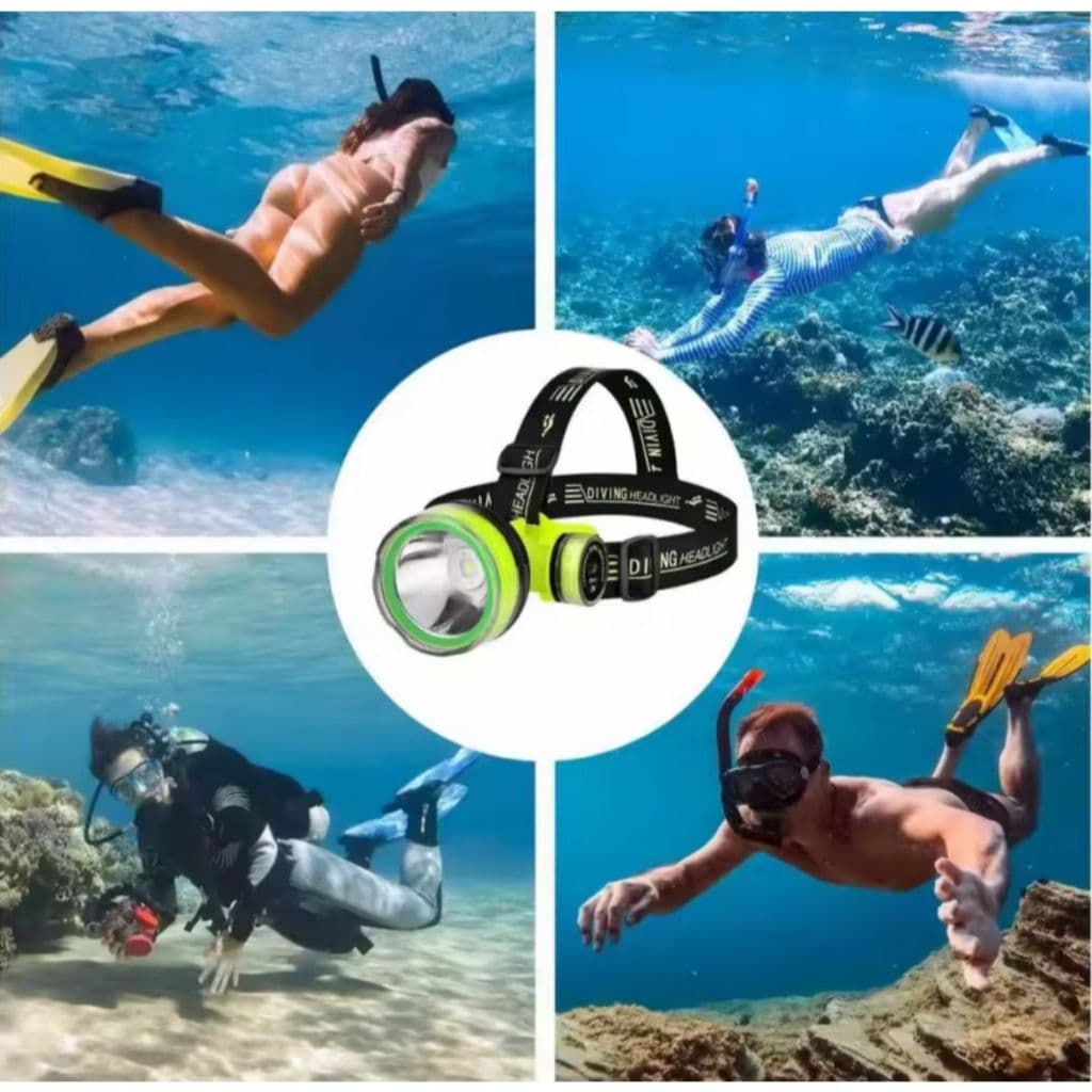 LANTERNA DE CABEÇA PARA MERGULHO FAROL SUB AQUATICO LED Á PROVA DA AGUA RECARREGAVEL LT-XH05