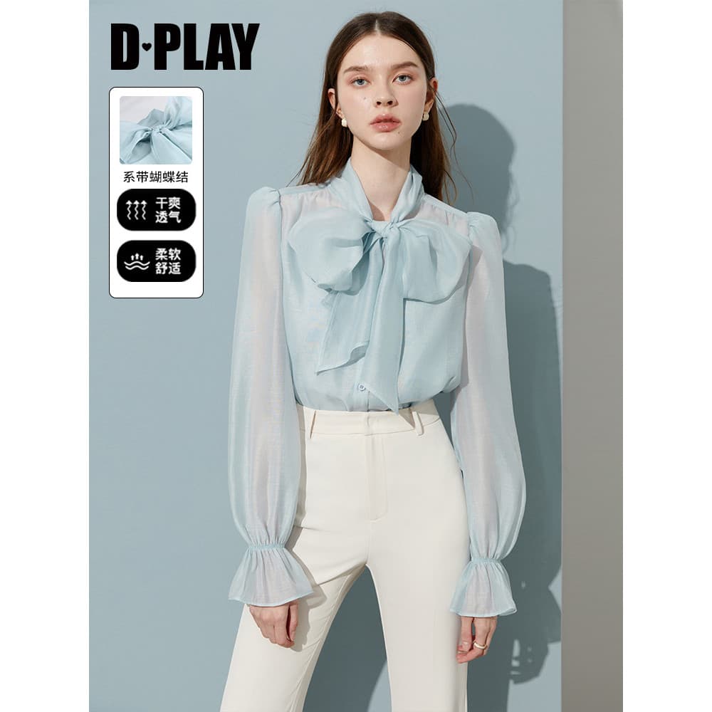 DPLAY camisa azul feminina francesa elegante arco camisa High-End manga comprida topo 2026 outono novo estilo