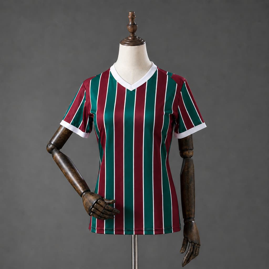 Camisa Feminina Listrada Branco com Detalhes Verde e Bordo  26/27 Modelo Esportivo Casual P ao 2XL