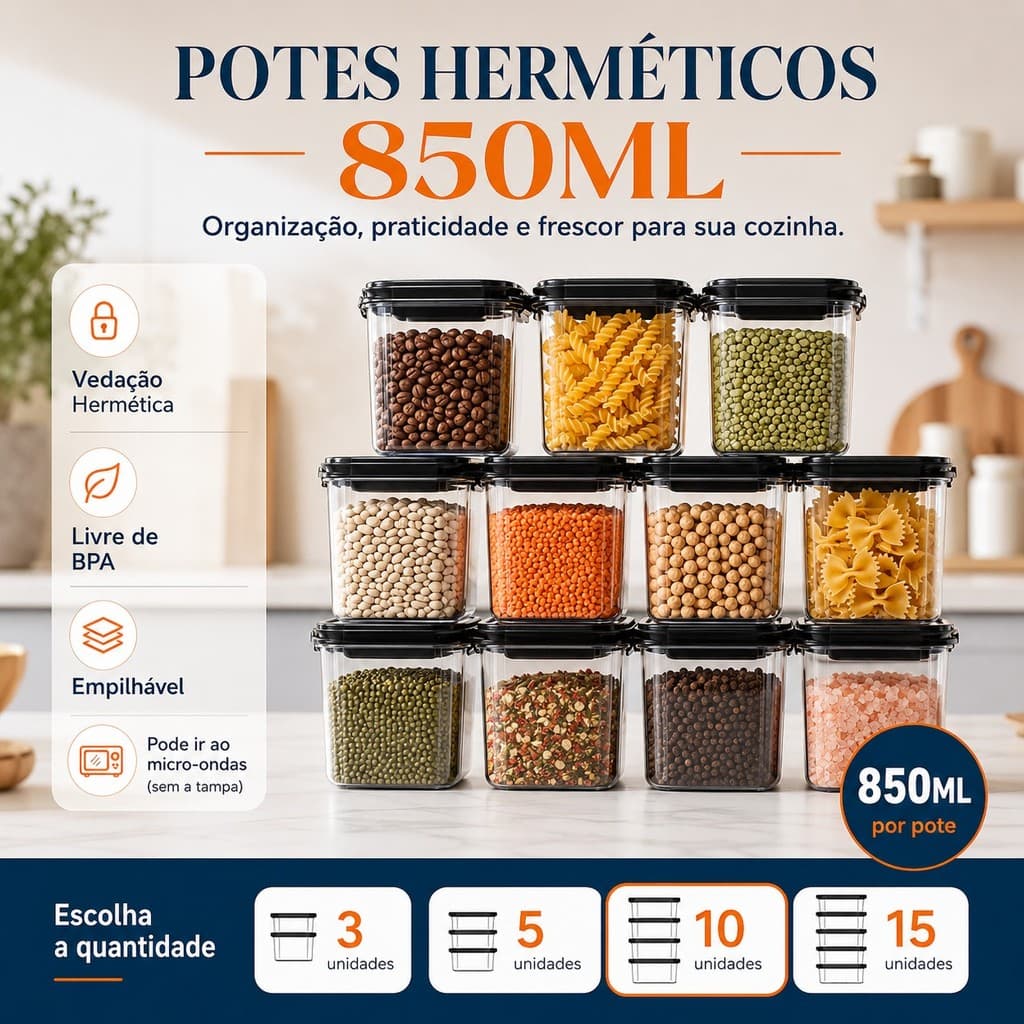 Kit Marmita Fitness Potes Plásticos 850ML P/ Microondas e Geladeiras Dietas Pote Hermético