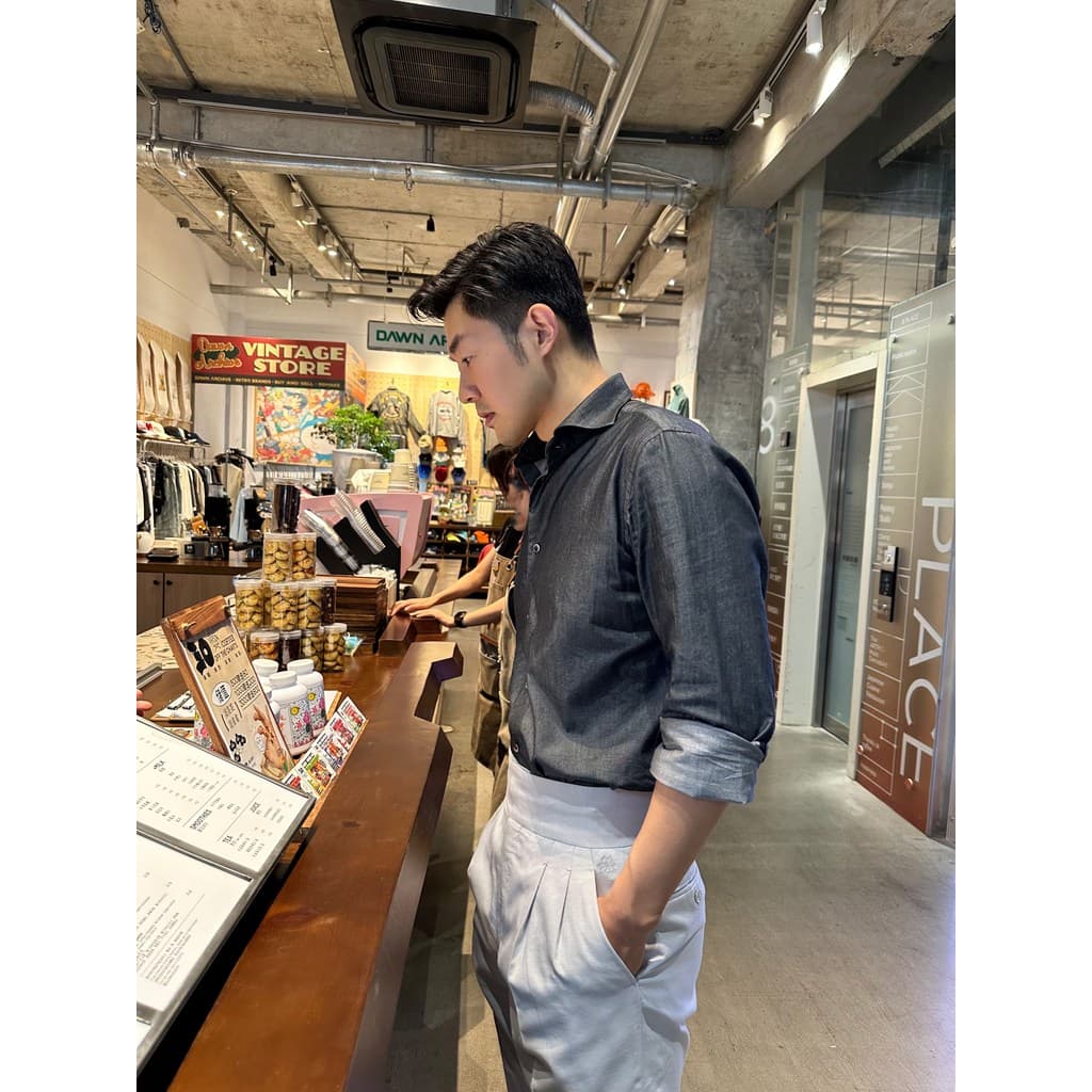 Hoshea Wang Camisa jeans de imitação de algodão japonês masculina brilhante gola Windsor camisa Casual moda