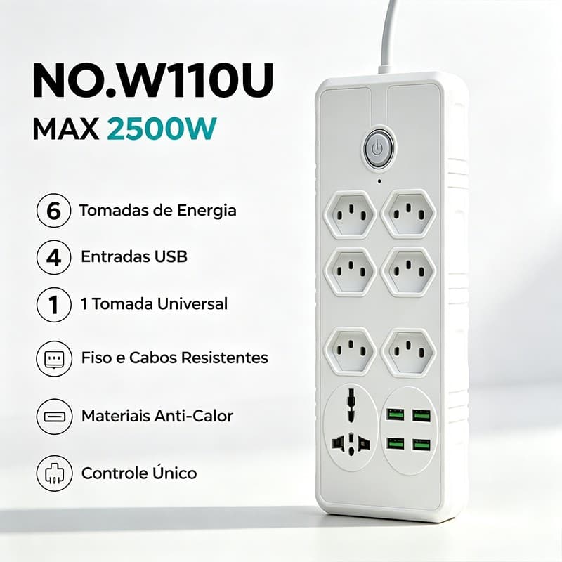 Extensão Elétrica 6 Tomadas Brasileiras + 1 Universal 4 USB Carregador Com Interruptor Max 2500W