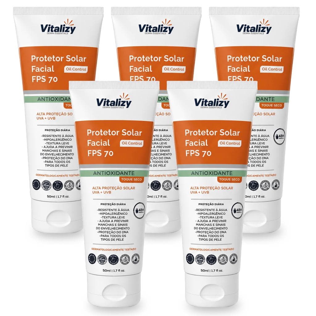 Kit 5x50ml Protetor Solar Facial FPS 70 Oil Control Antioxidante Toque Seco Alta Proteção Solar UVA UVB Vitalizy