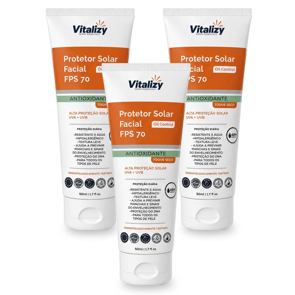 Kit 3x50ml Protetor Solar Facial FPS 70 Oil Control Antioxidante Toque Seco Alta Proteção Solar UVA UVB Vitalizy