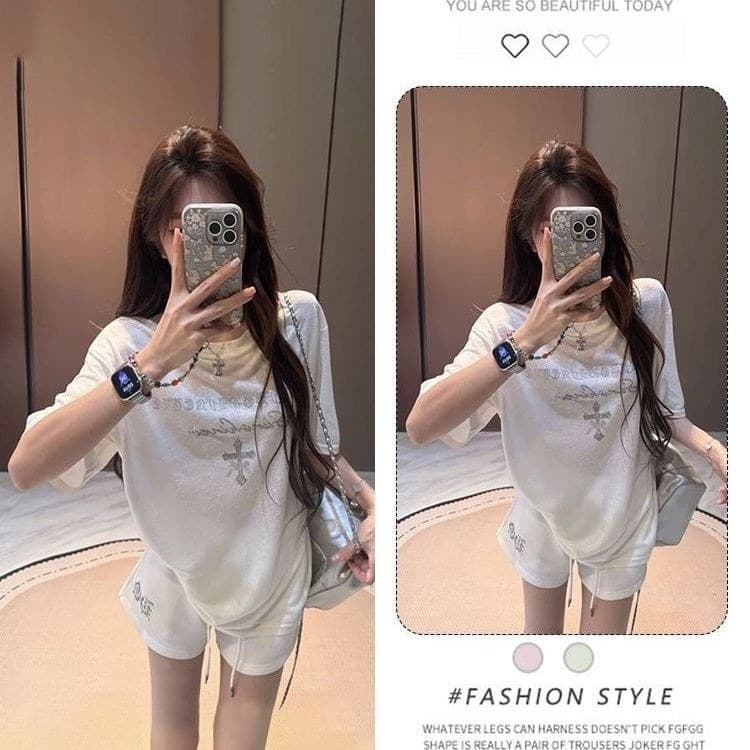 Camiseta de manga curta estilo coreano + Shorts de perna larga terno de duas peças feminino 2026 terno Casual#现货韩系设感短袖T恤