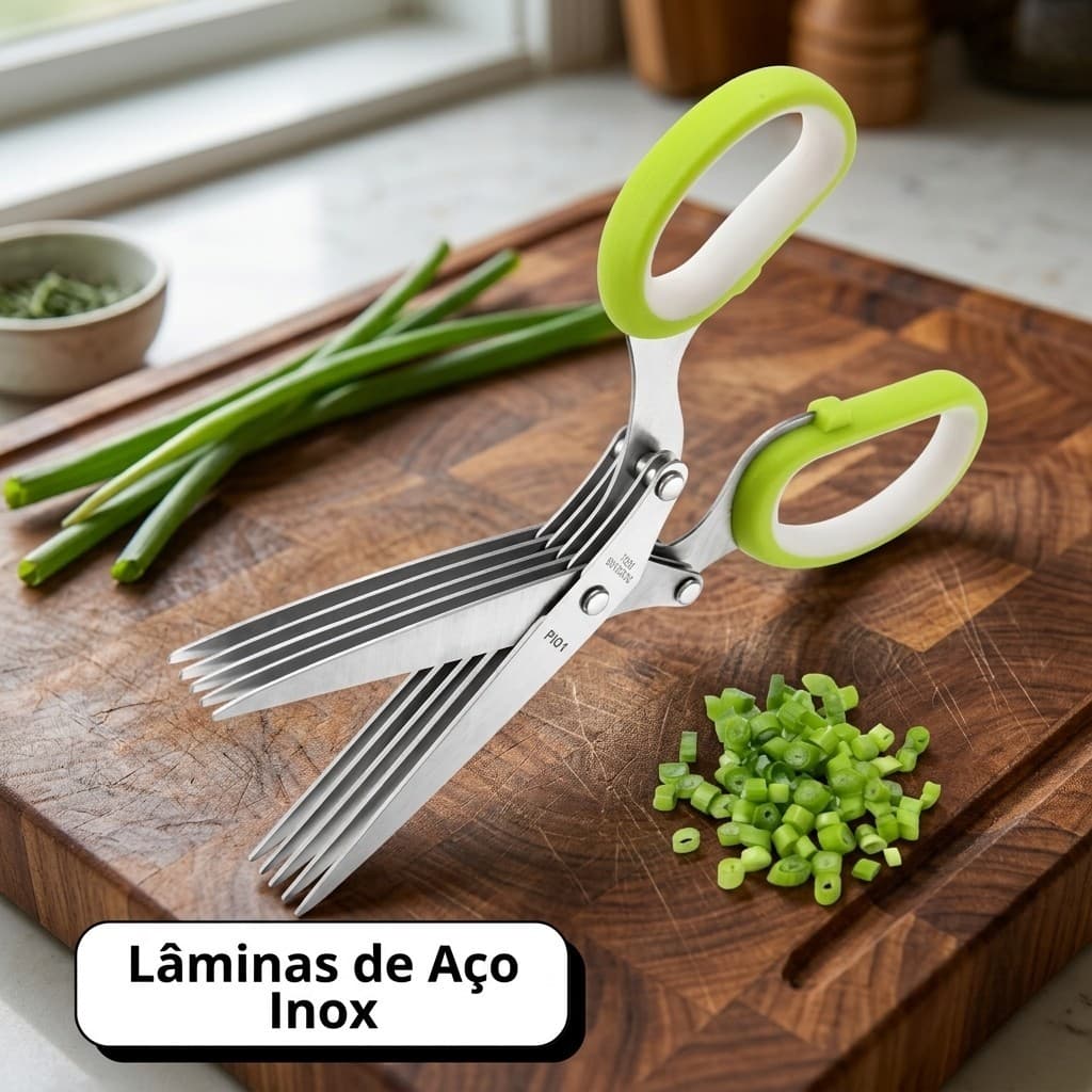 Tesoura de Cozinha 5 Lâminas Inox Picador de Temperos Cheiro Verde Agiliza Refeição Substitui Faca e Tábua