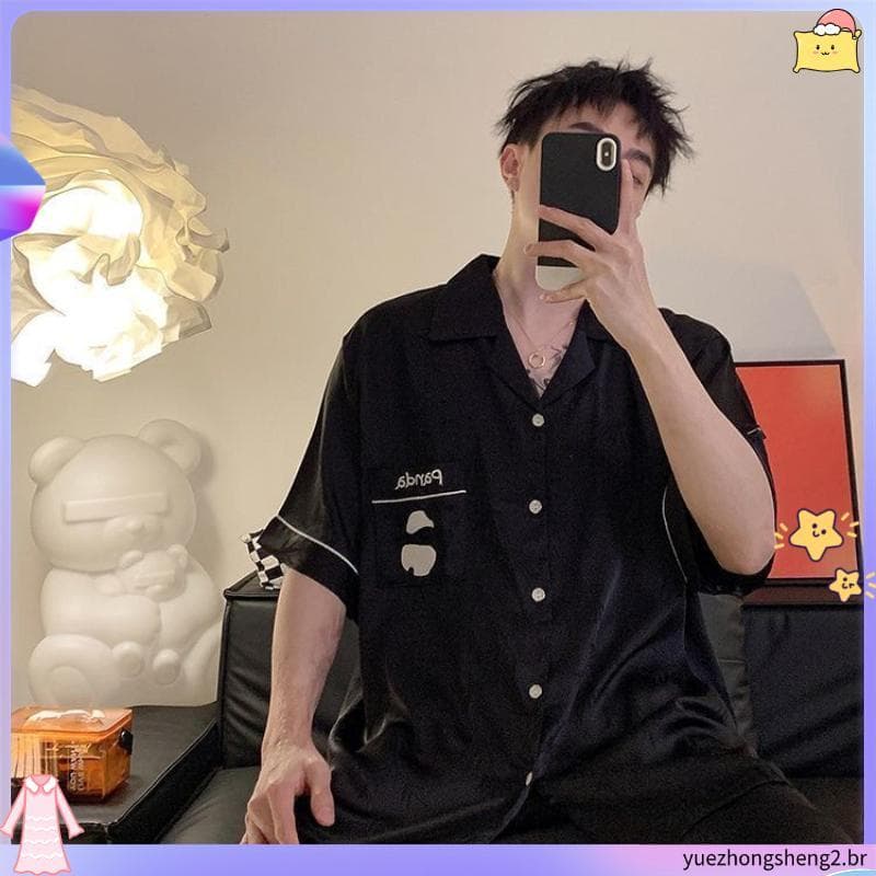 Novo estilo pijamas de seda gelo masculino verão fino Shorts de manga curta mais gordura plus Size masculino verão Homew