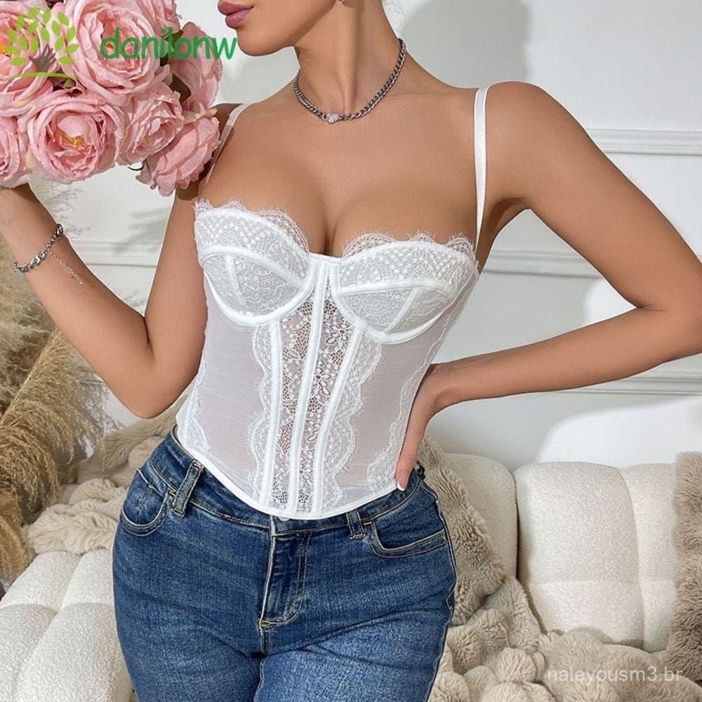 Camisola de Renda Daniolo, Corset Transparente de Corte Justo, Top Sem Mangas com Recortes e Suspensório Feminino