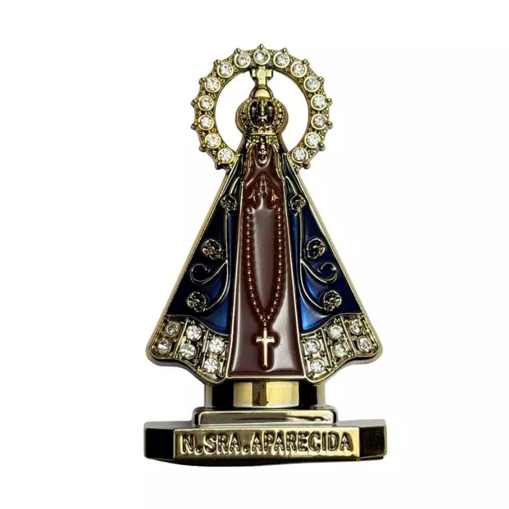 Kit 04 Enfeite de Nossa Sra Aparecida Dourado, Com Resplendor Cravejado, 8cm e Auto Colante