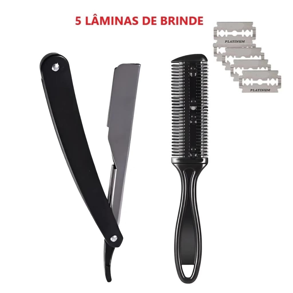 Kit Navalha de Gaveta + Pente Navalha Desfiadeira | Profissional Barbeiro Aço Navalhete de Gaveta