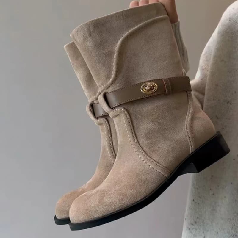 Pronto estoque Botas curtas de camurça respirável femininas confortáveis de salto grosso botas ocidentais femininas Bo