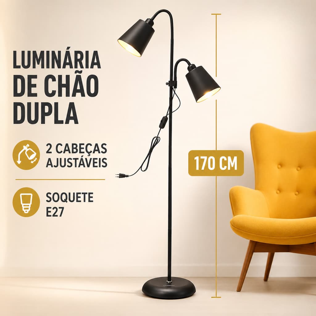 Luminária de Chão Dupla E27 170cm com 2 Cabeças Ajustáveis Abajur de Piso Pedestal Sala Quarto Escritório LK-673