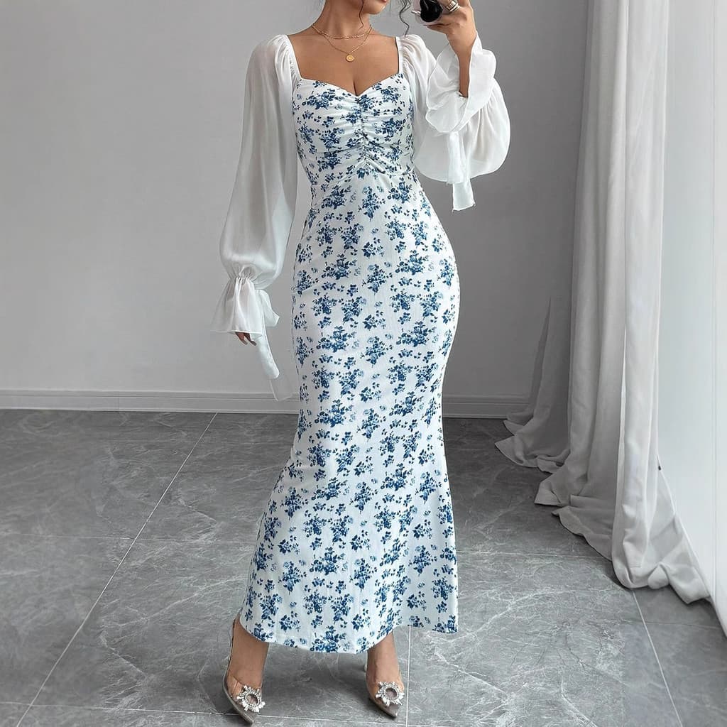 Vestido feminino transfronteiriço de manga comprida com decote em V e costura de Chiffon estampada de malha