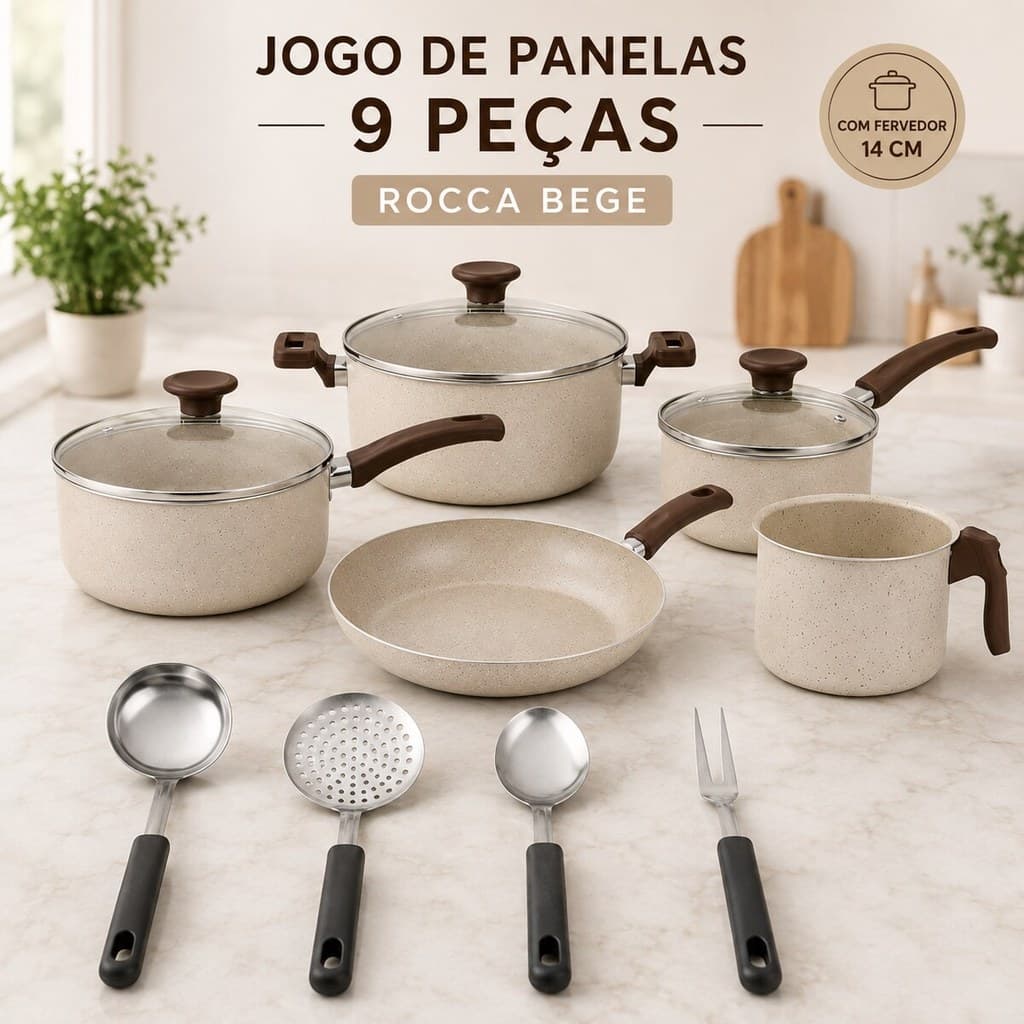 Jogo De Panelas 9 Peças Frigideira e Fervedor com Utensílios Antiaderente Teflon