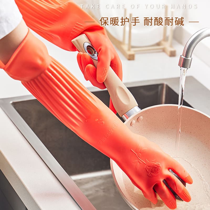 Luvas longas de borracha para trabalho doméstico, lavagem de louça feminina, lã, cozinha, à prova d'água, durável, resis