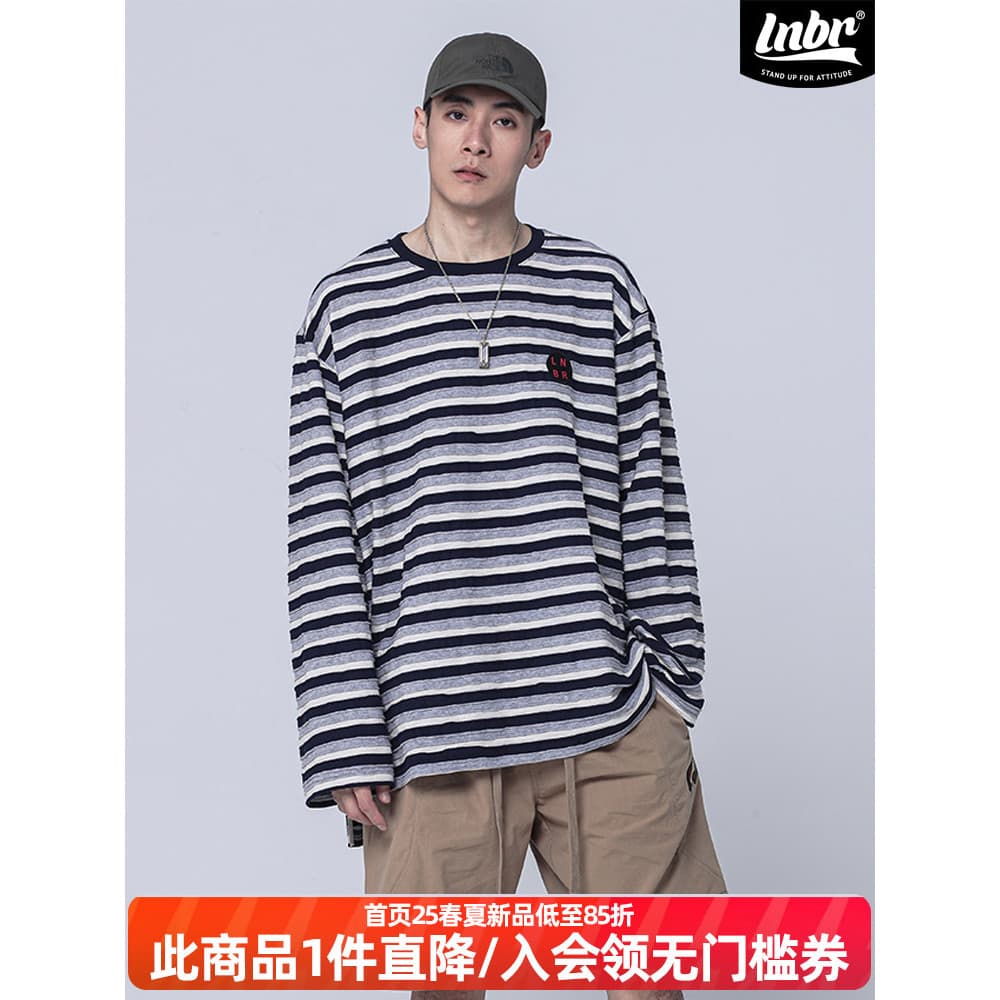 LNBR nacional na moda 24s primavera novo produto listrado manga comprida camiseta masculina americano Casual solto topo