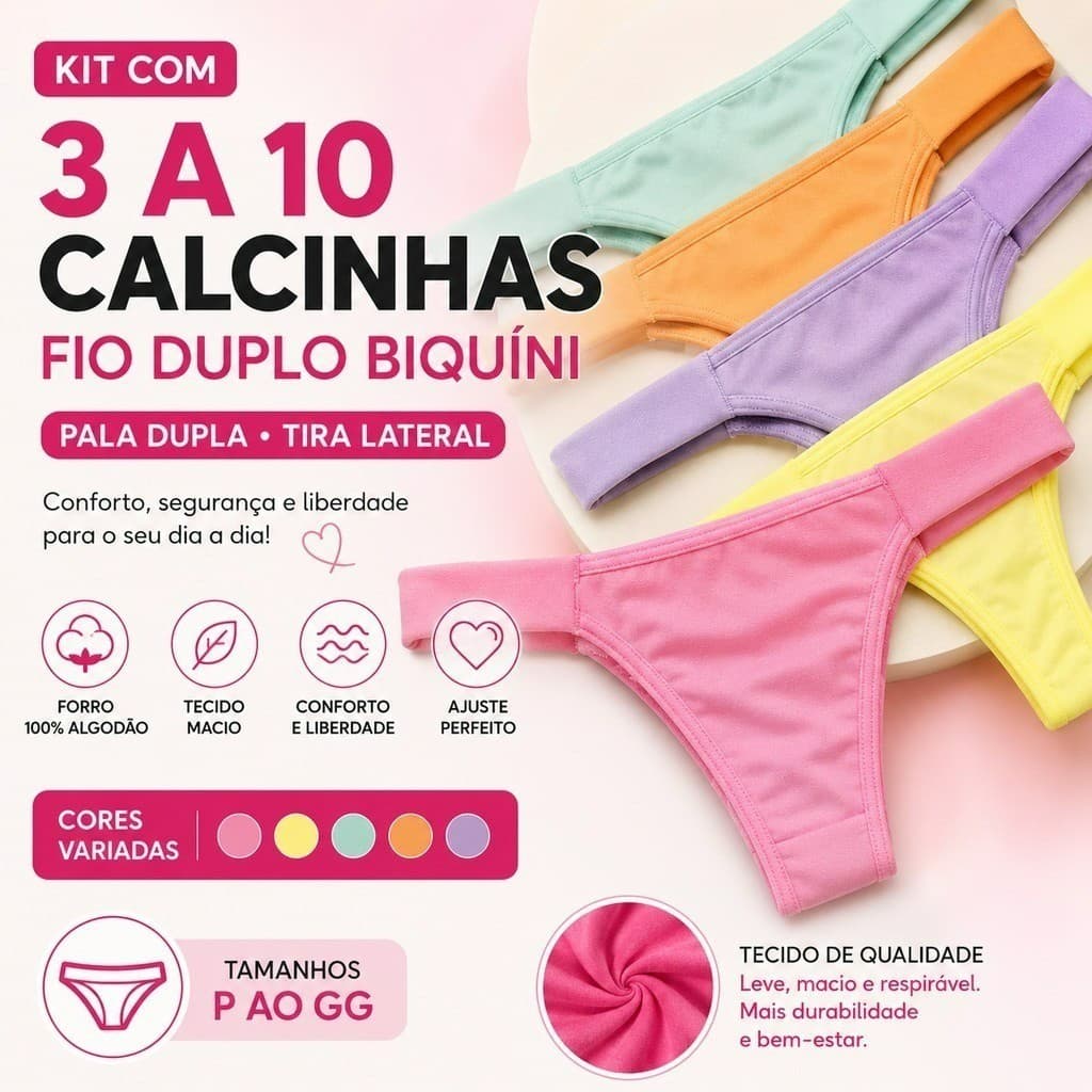 Kit 3 a 10 Calcinhas Fio Duplo Biquíni Feminina Pala Dupla Tira Lateral Forro 100% Algodão P ao GG Cores Variadas