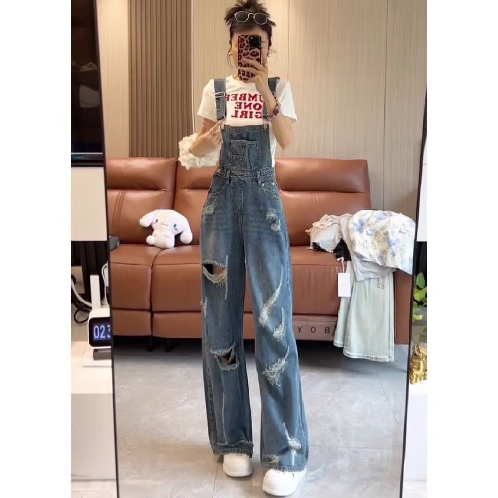 Hong Kong estilo Retro lavado rasgado Denim macacão feminino verão novo estilo solto mais magro olhar macacão em linha r