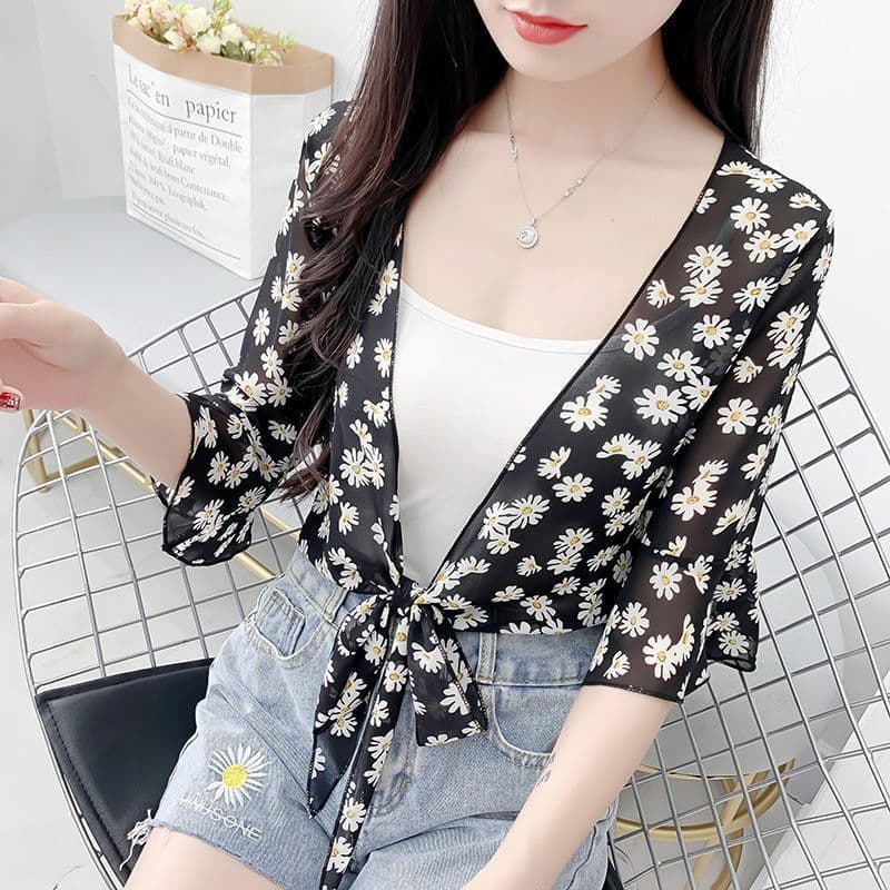 Novo estilo Chiffon Cardigan feminino jaqueta superior curto exterior jogo tamanho grande feminino estilo ocidental capa