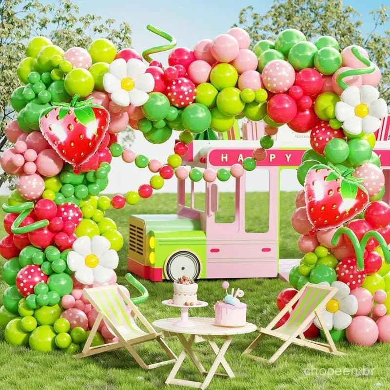 144 peças/pacote Kit de Arco de Balões de Morango para Primeiro Aniversário Decoração de Festa Temática de Frutas Rosa V