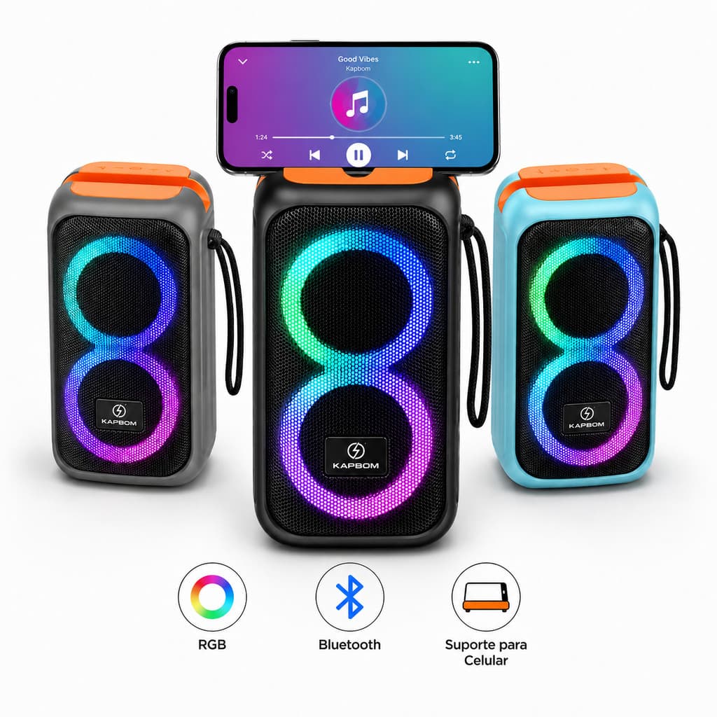 Caixa de Som Bluetooth Portátil Kapbom KA-8052B 50W RGB TWS USB SD FM Suporte Celular Som Potente