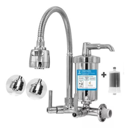 Torneira de Cozinha com Filtro Gourmet Parede Cromada 1/4 De Volta Bica Flexível Giro 360° + Refil