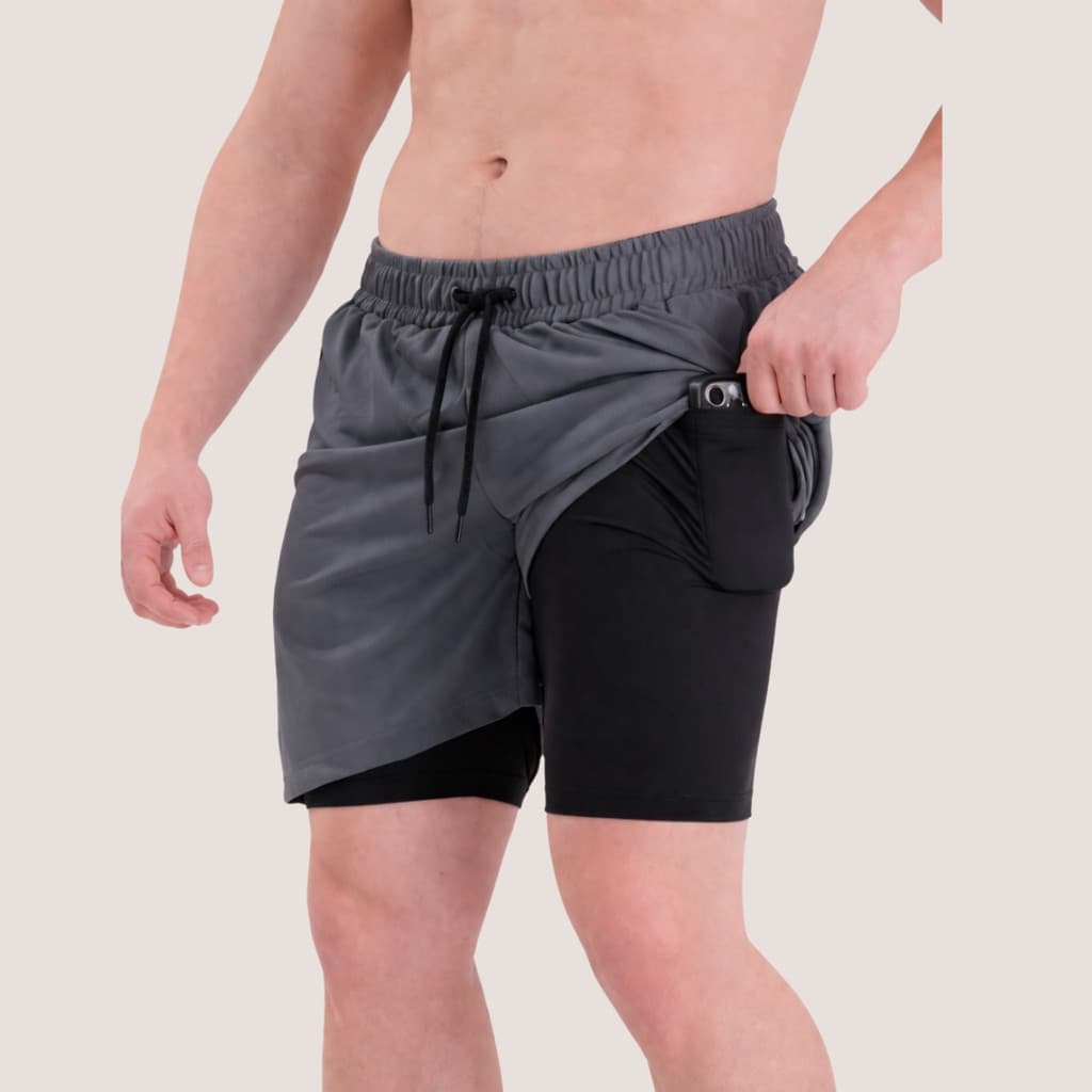 Short 2 Em 1 Masculino Bolso Interno Celular Compressão Bermuda Dry Fit Treino Corrida Fitness Cinza P