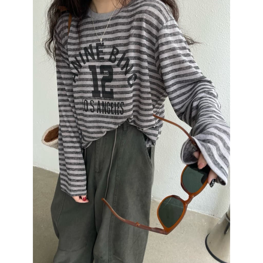 Coreano Retro listrado carta curta de manga comprida camiseta topo feminino outono novo estilo camisa de fundo solto peq