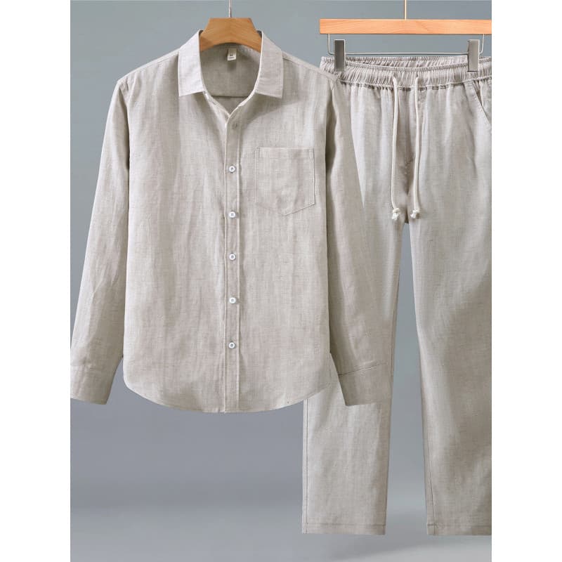 Tencel linho camisa de manga comprida calças masculinas verão camisa fina calças casuais soltas estilo dinheiro antigo t
