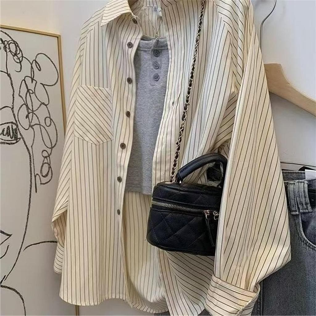 Desconto de marca Roupas femininas contador comércio exterior primavera outono Commuter nicho listrado camisa feminina f