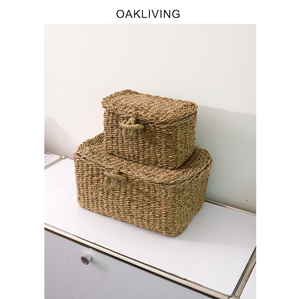 Oakliving Natural Seagrass tecido cesta de armazenamento cesta de armazenamento com tampa decoração para casa caixa de a