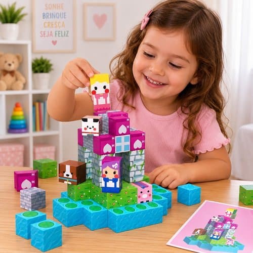 Kit Blocos Magnéticos Infantil 60 Peças Educativo Rosa Montagem Criatividade