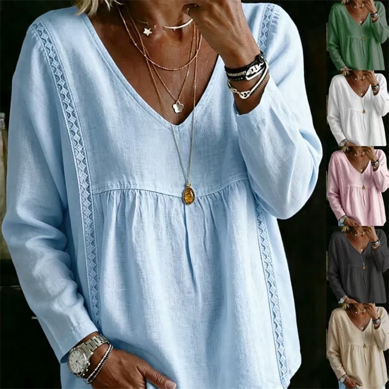 Moda Feminina Blusa Senhoras tops Renda Decote Em V Casual Pulôver Camisa De Manga Comprida
