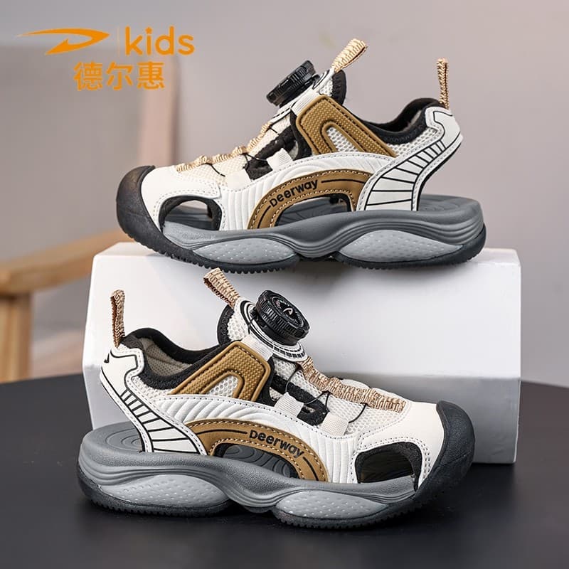 Delhui meninos sandálias 2026 verão novo estilo sapatos infantis botão rotativo esportes Net sapatos de praia Baotou
