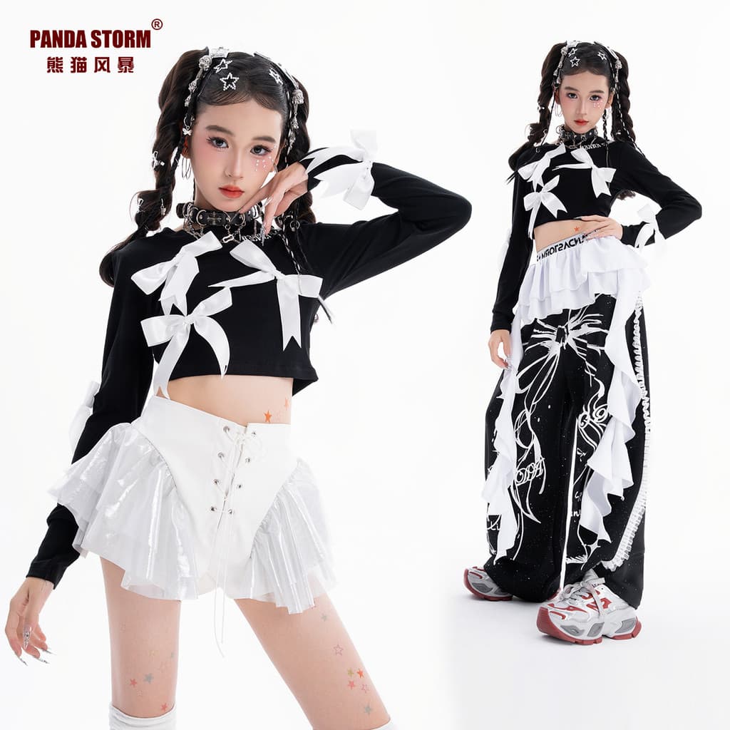 Meninas jazz dança traje jazz doce legal arco de manga comprida camiseta calças terno crianças dança de rua desempenho t