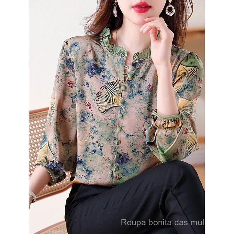 Blusa feminina de manga comprida, estampada vintage, em chiffon, sem forro, estilo novo para primavera e outono, combina