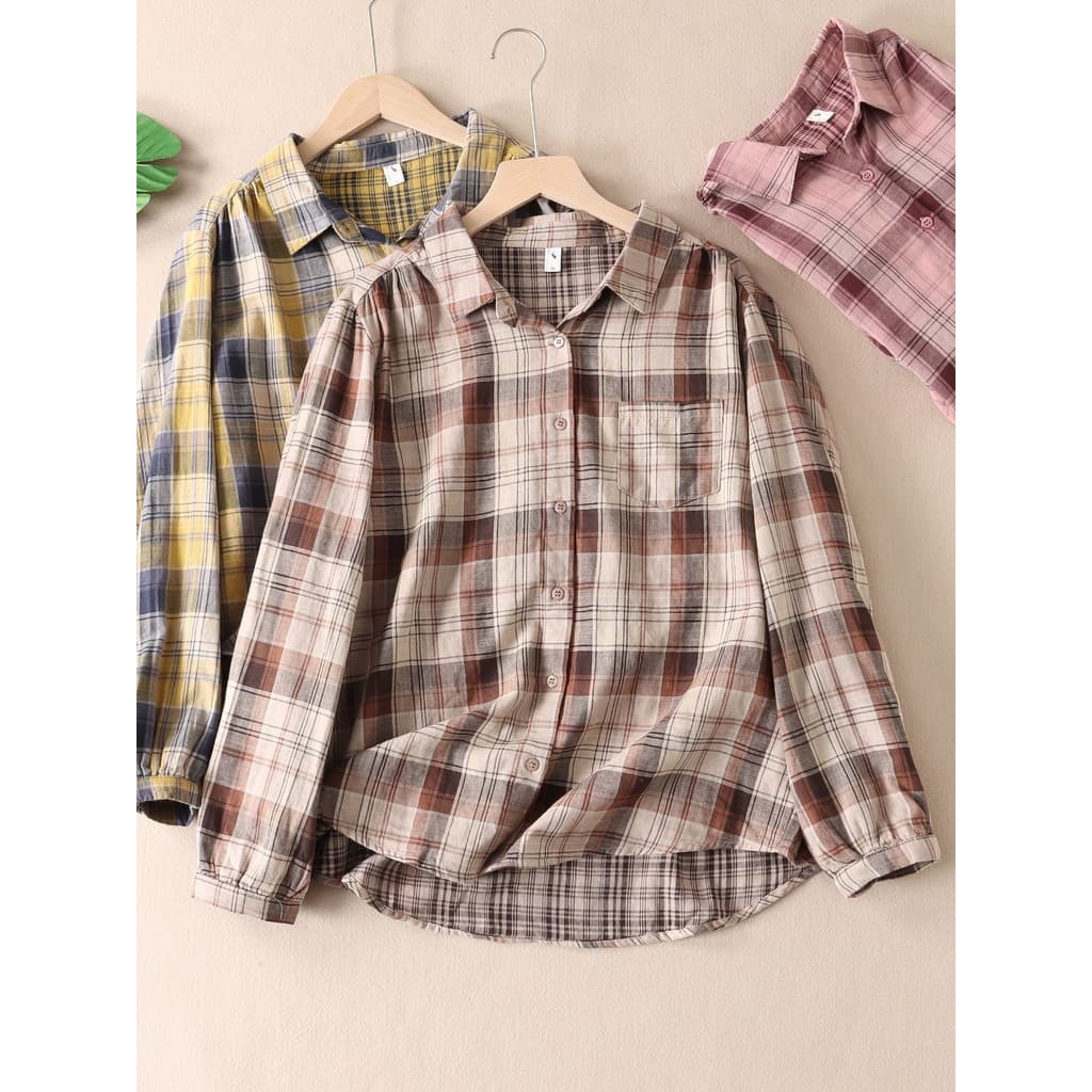 Xadrez simétrico primavera outono Retro arte dupla camada fio tingido algodão gaze camisa confortável exterior Cardigan