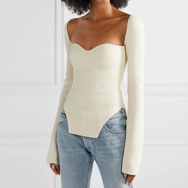 cropped Feminino Outono E Inverno Elástico Fora Do Ombro base Camisola De Malha Manga Comprida Um Pescoço Jaqueta casual