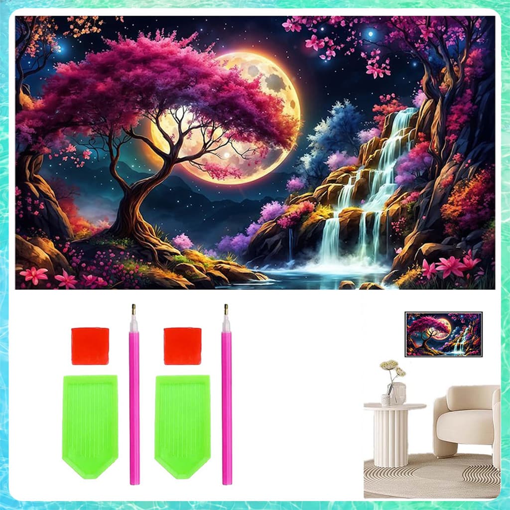Pintura de Diamante 5D Quadrada 70x40cm Cachoeiras do Luar – kit anti-stress, arte decorativa, presente criativo