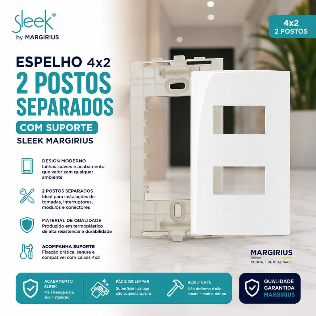 Espelho Placa Tomada 4x2 2 Postos Separados Com Suporte Sleek MarGirius Alto Padrão