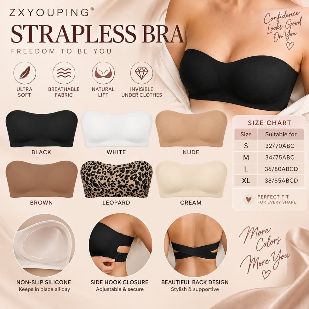ZXYOUPING Sutiã Bandeau Feminino Sem Alças , Com Fivela Lateral Cruzada