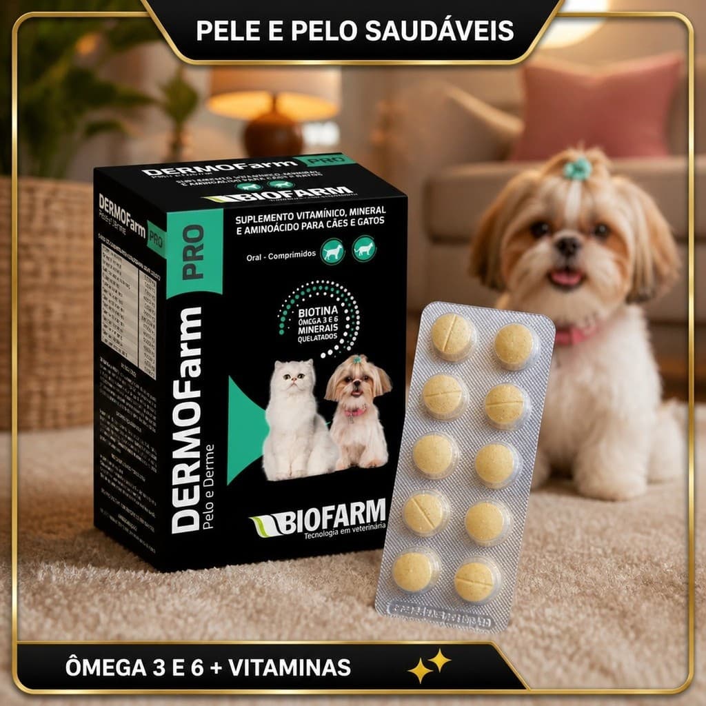 🐶 Dermofarm Suplemento Vitamínico Ômega 3 Biotina Pele Pelo Cães Gatos 10 Comprimidos Sabor Carne 🐱