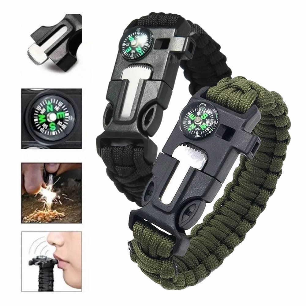 Pulseira corda de sobrevivência paracord c/ acendedor fogo, bússola, apito e serrote