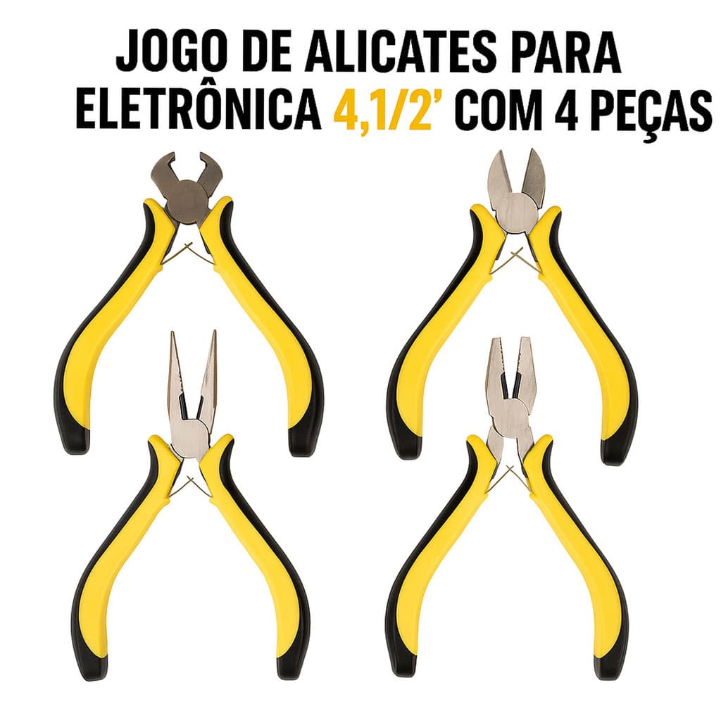 Kit 4 Alicates 115mm para Eletrônica Modelismo: Alicate Universal, Bico Meia Cana, Corte Frontal e Corte Diagonal
