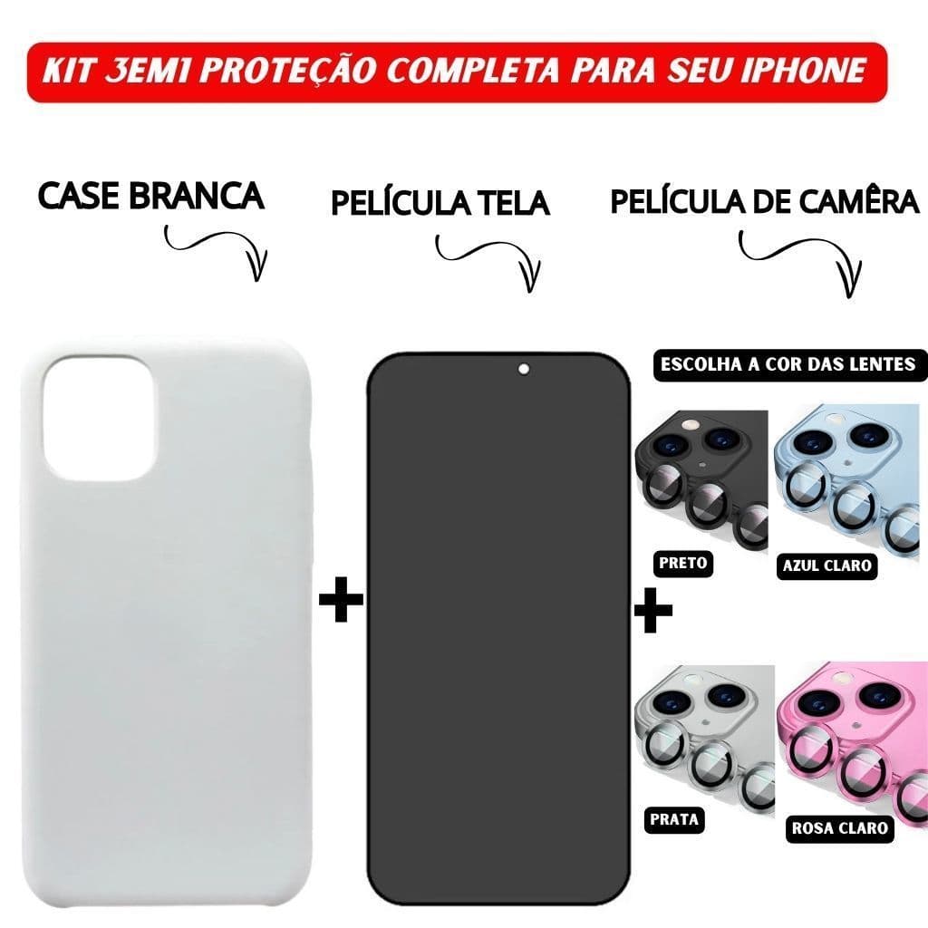 Case Branca + Vidro 3D Privacidade + Película Câmera Colorida Kit 3em1 p/ iPhone 11 12 13 14 15 16 Pro Max _ ZAZ