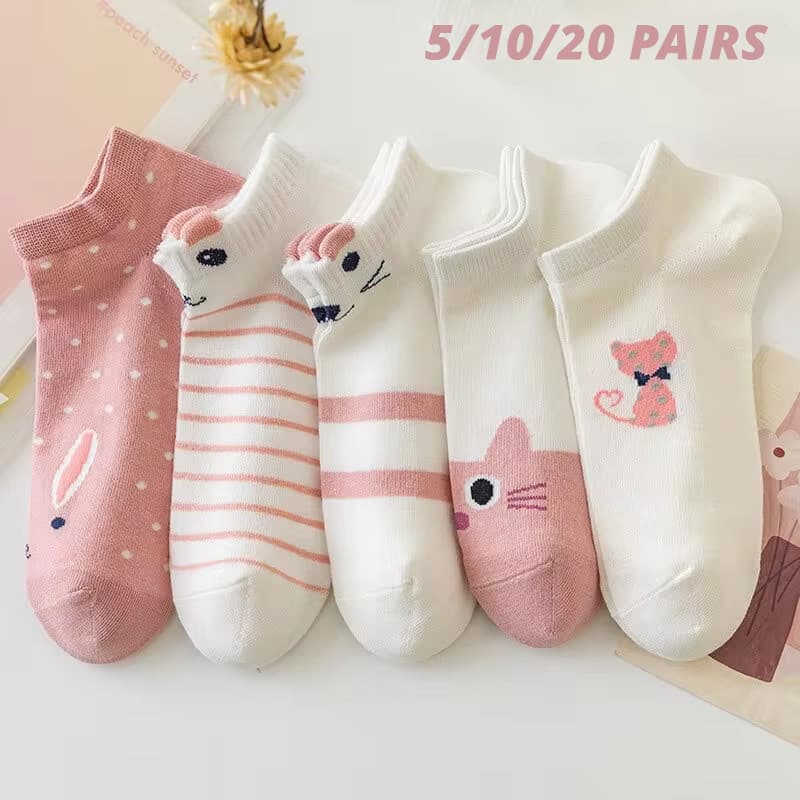 5/10/20 Pares Meias Femininas Curtas Tubo Rosa Gato Fino Quatro Estações Bonito Barco Meiaslow Topo Ins Da Moda