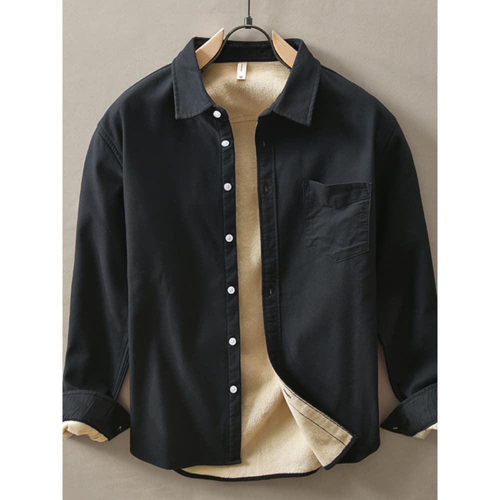 Outono inverno forro de lã engrossado puro algodão Oxford camisa giratória masculina manga comprida lapela solta japonês