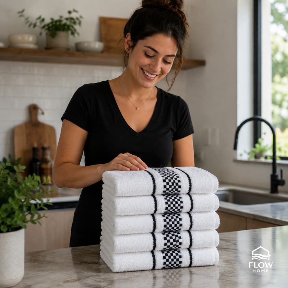 Kit 5 Panos de Prato PRETO Flow Home Premium Jacquard Atoalhado Toalha Copa Cozinha 100% Algodão