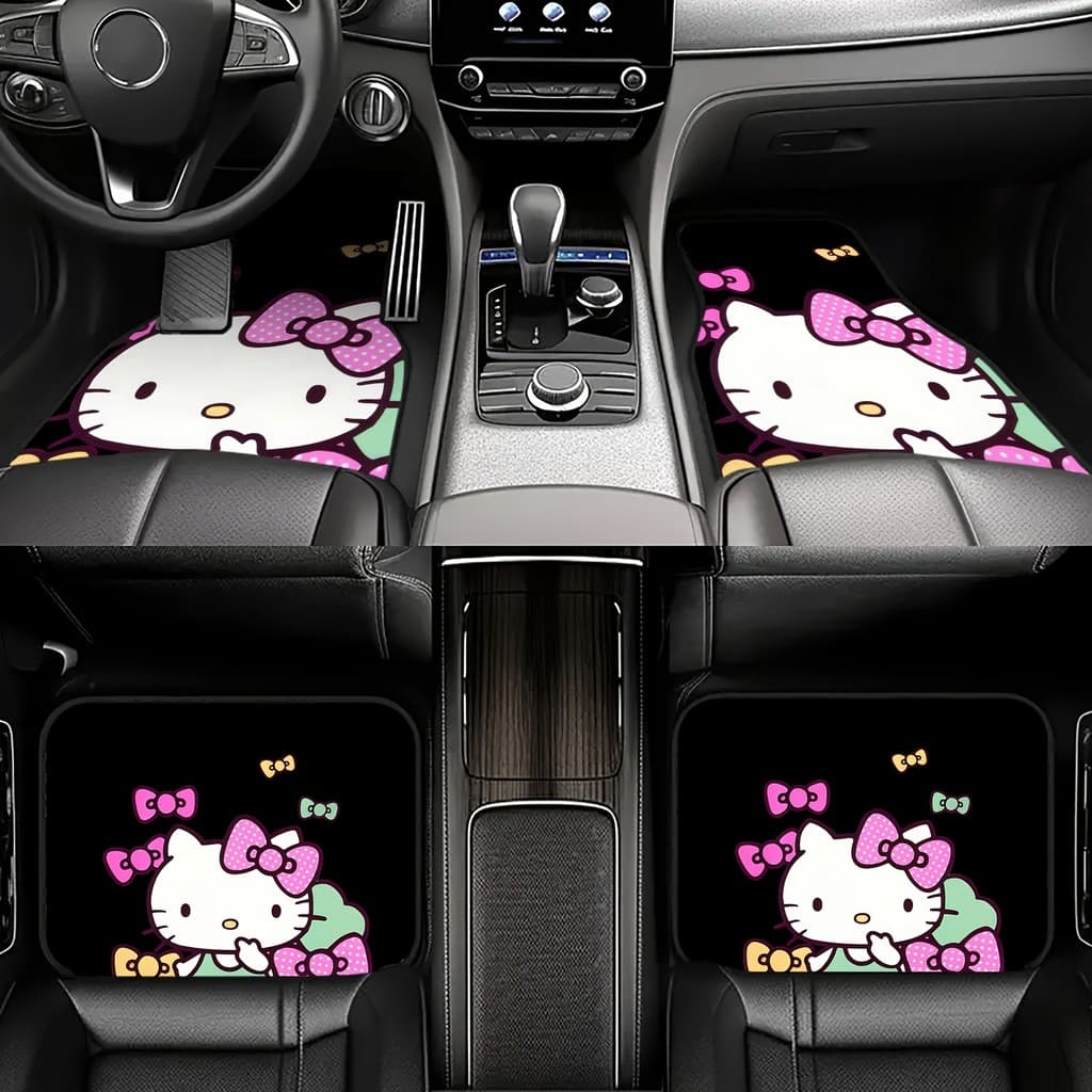 Tapetes gerais para pés de carro Hello Kitty equipados com lindos laços rosa e fundos coloridos, conjunto de 4 peças, de