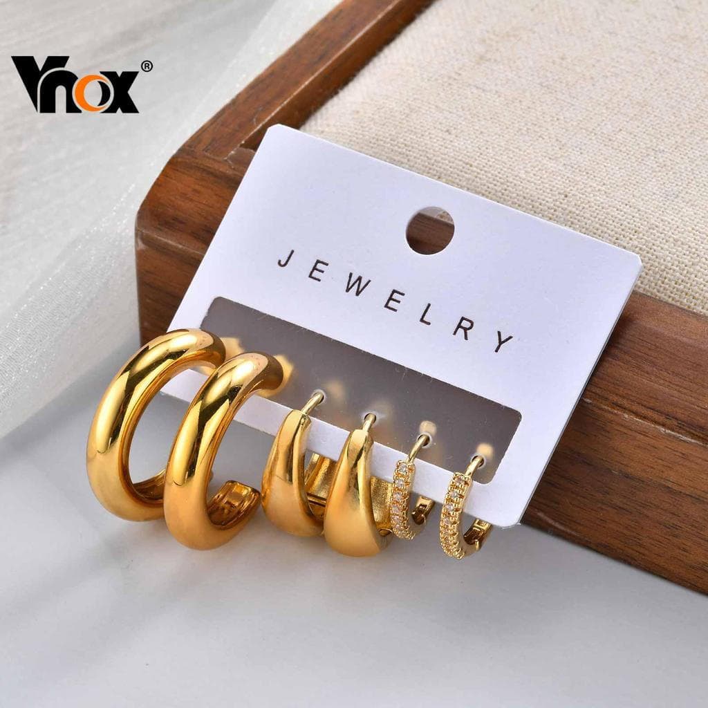Conjunto de Três Peças de Brincos de Zircônia Grossa para Mulheres Vnox, Conjunto de Joias Personalizadas em Aço Inoxidá